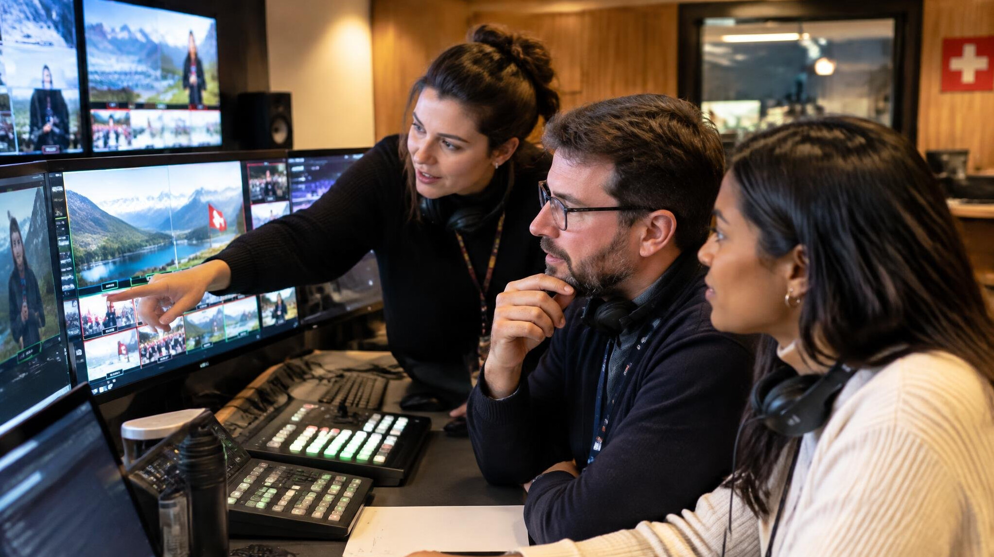 Broadcast team collaborating in a control room