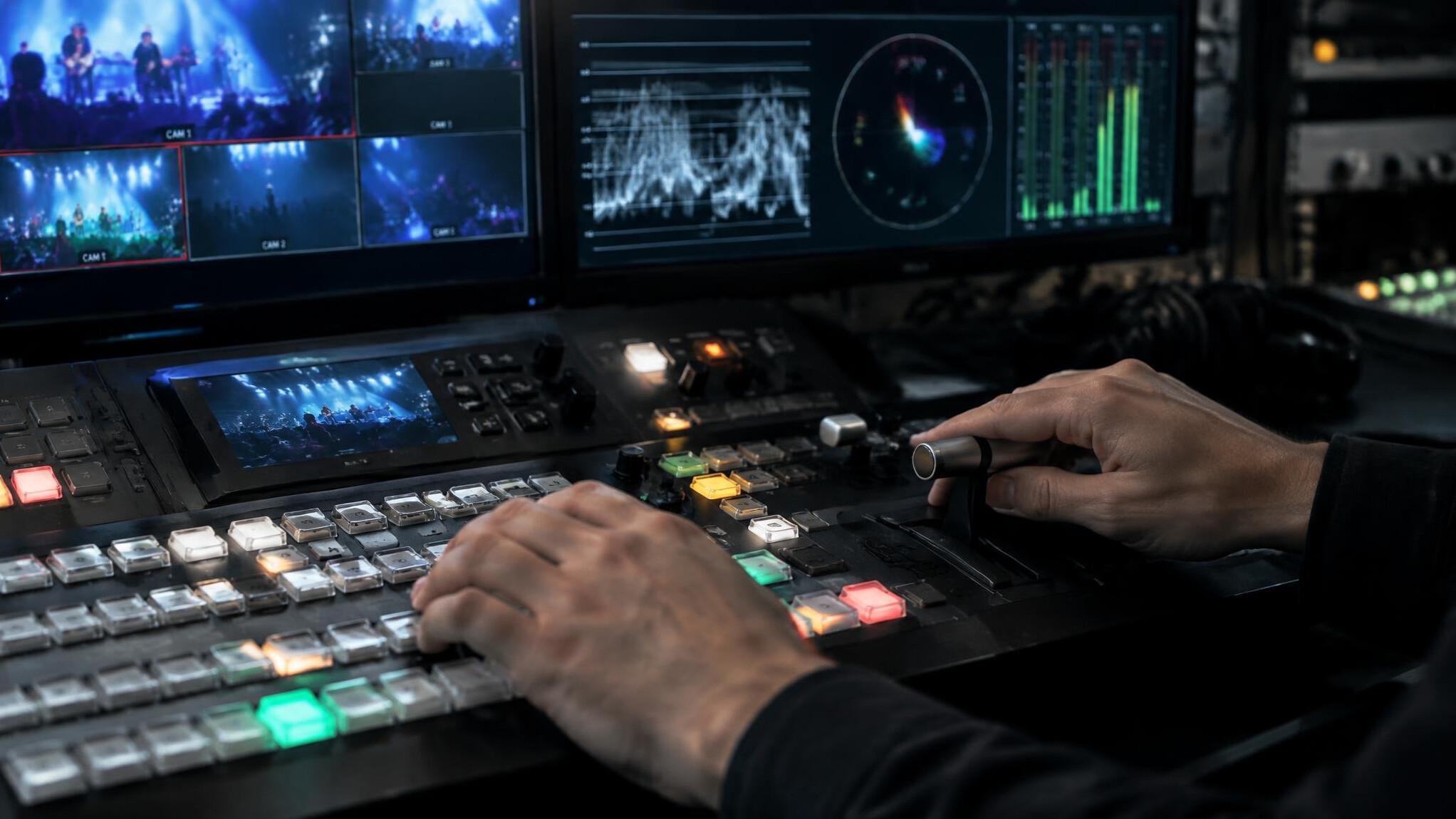 Hands operating a video switcher and waveform monitor