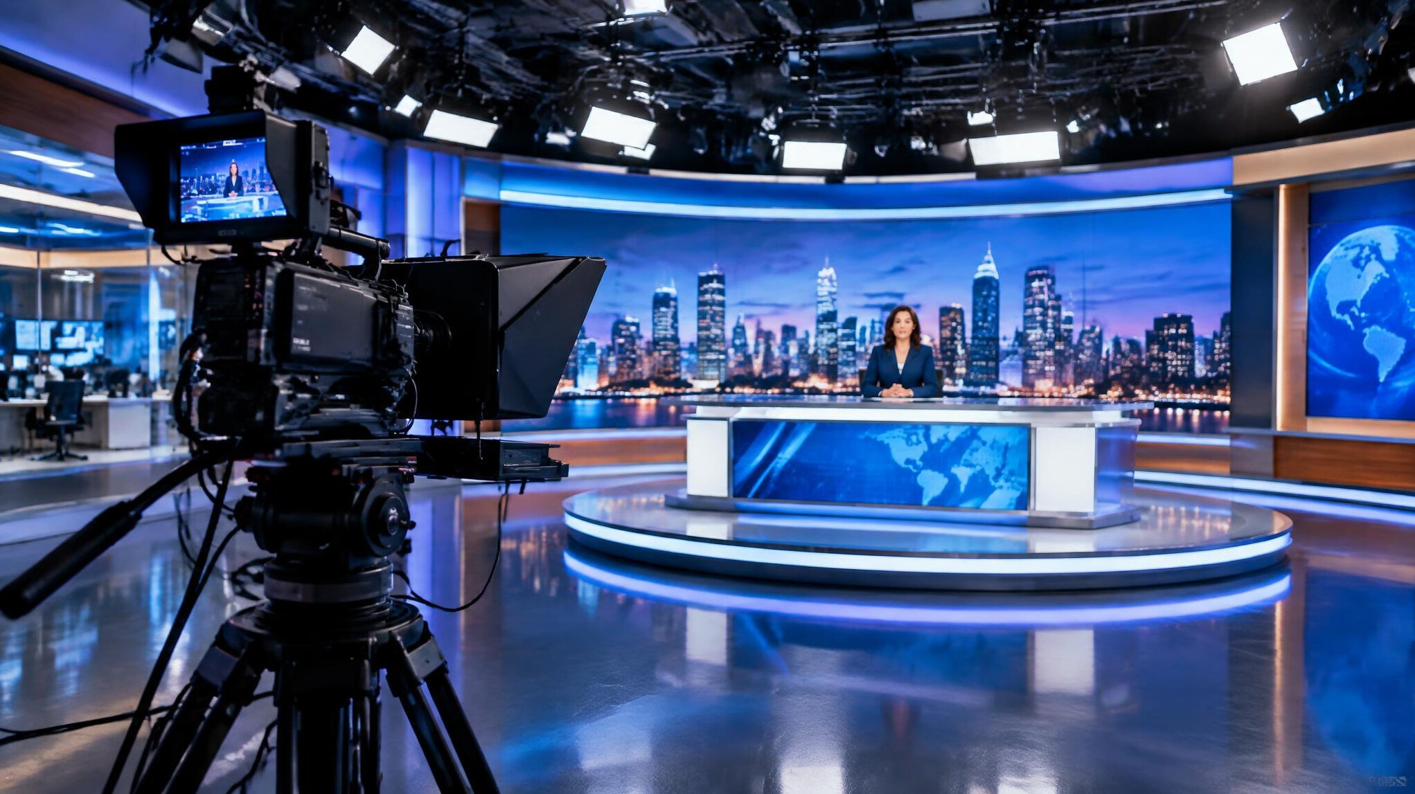 Television studio with camera and stage lighting