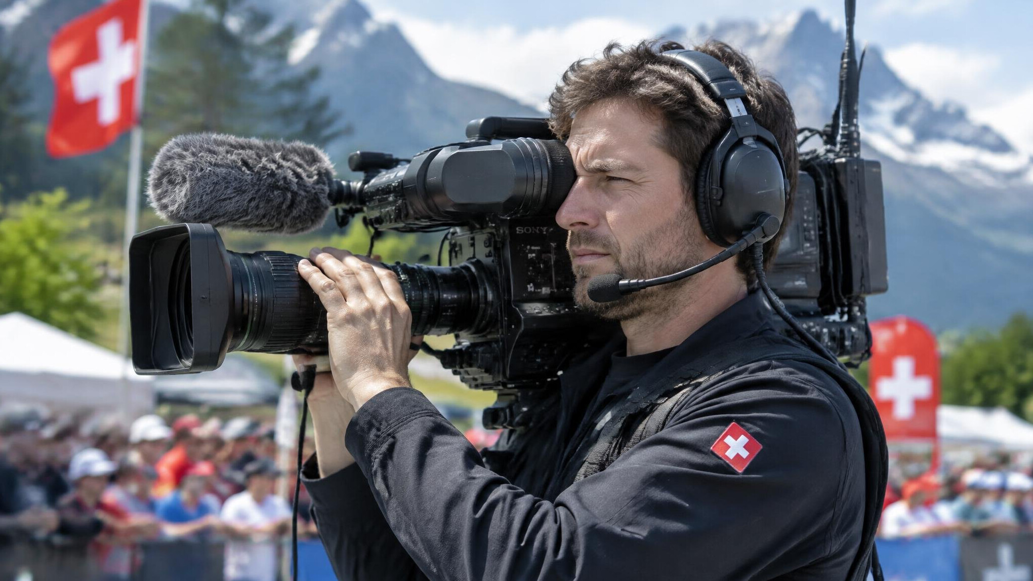 Camera operator filming with a shoulder-mounted camera