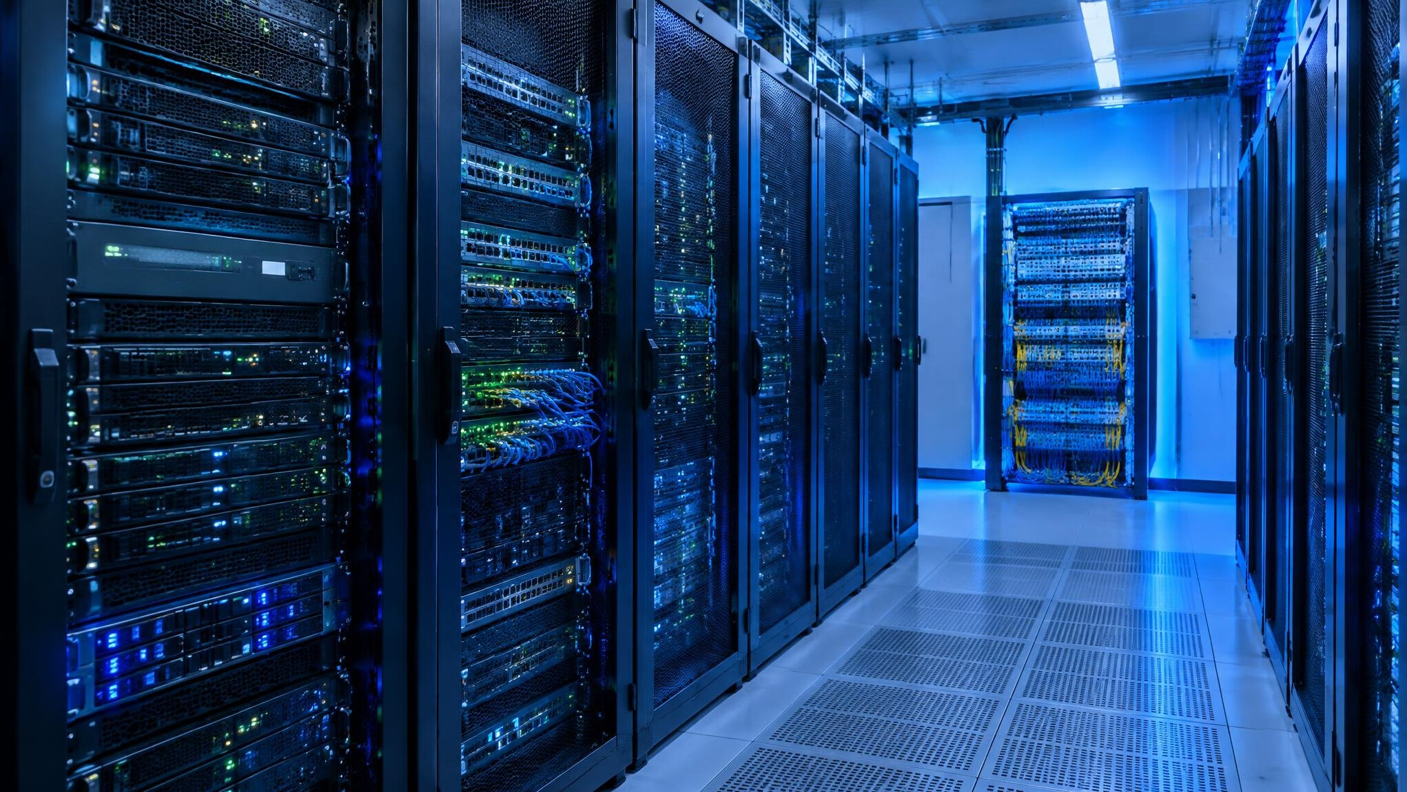 Server racks and signal routing equipment in a technical room